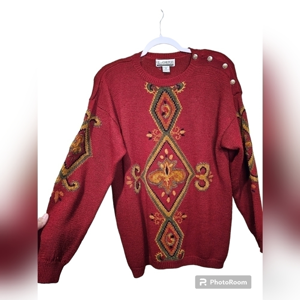 SK company red sweater with beautiful embroidered embellishment size M
